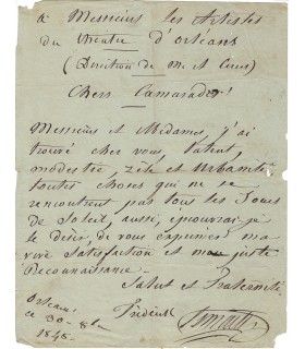 LEMAITRE (Frédérick). Acteur. Pièce autographe à "Messieurs les Artistes du théâtre d'Orléans" (Réf G 3706)