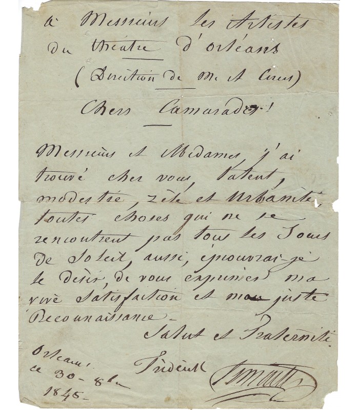 LEMAITRE (Frédérick). Acteur. Pièce autographe à "Messieurs les Artistes du théâtre d'Orléans" (Réf G 3706)