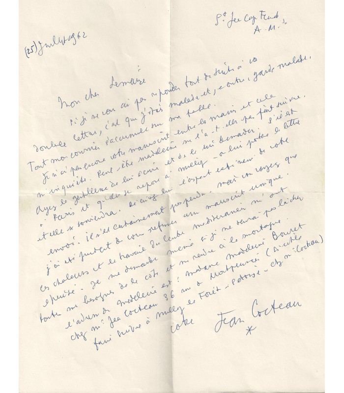 COCTEAU Jean. Lettre autographe, juillet 1962 (Réf. G 4310)