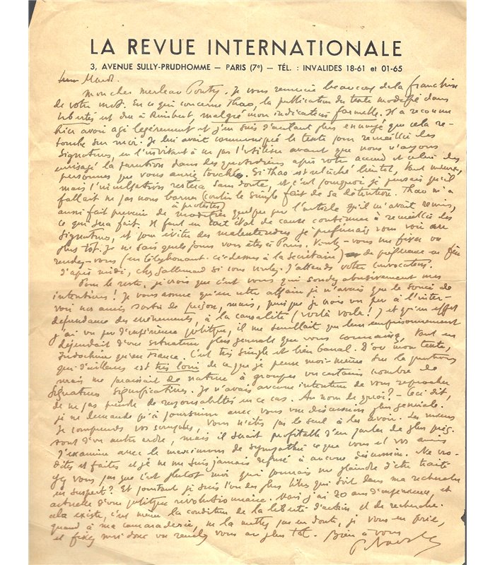 NAVILLE Pierre, règle l'action menée en faveur de la libération de Tran Duc Thao