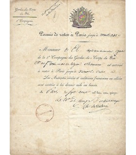 RESTAURATION - PERMIS DE RESTER A PARIS P.I. et signée Comte de Valori. (G 5055)