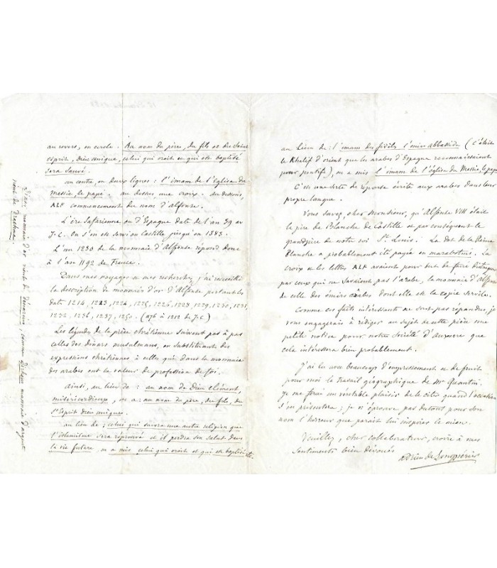 PREVOST DE LONGPERIER Adrien, archéologue. Lettre autographe et billet autographe (G 4689)