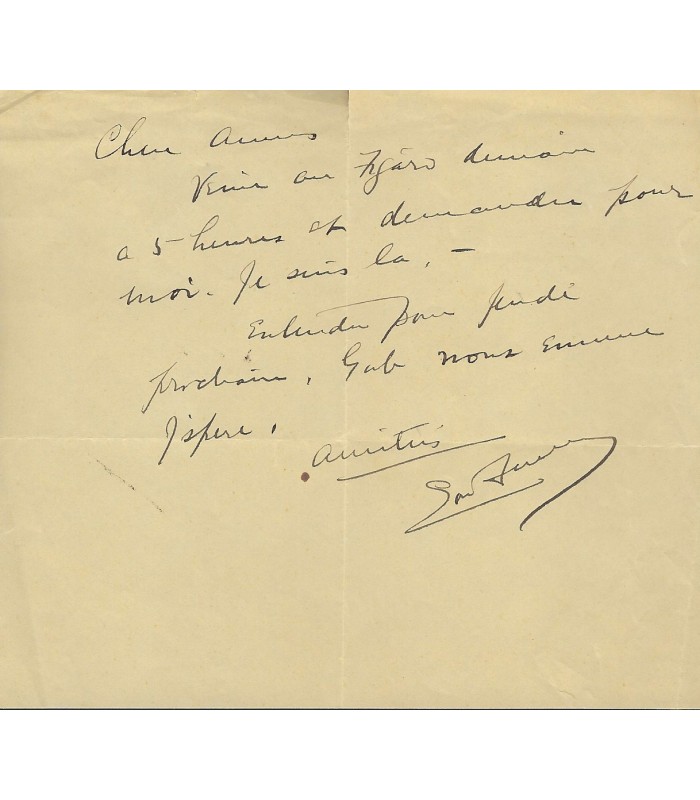 FULLER Loïe, danseuse américaine. Billet autographe (G 4315).