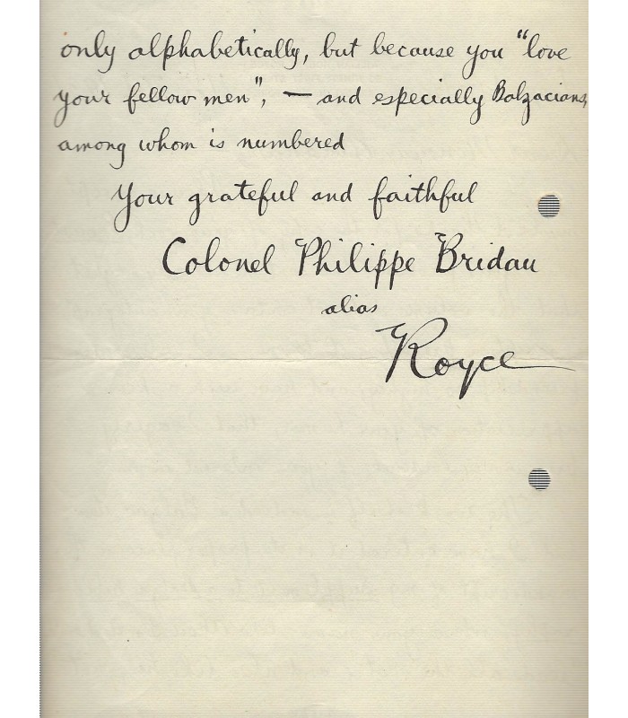 BALZAC - ROYCE William Hobart. Ecrivain américain, passionné de Balzac Lettre autographe (G 1368)