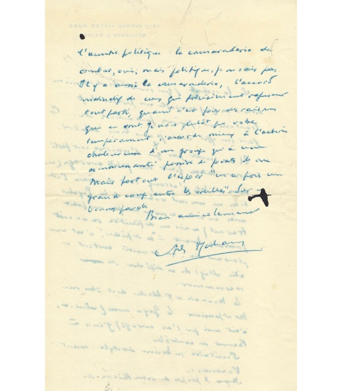 MALRAUX André, écrivain, homme politique. Lettre autographe (G 3858)