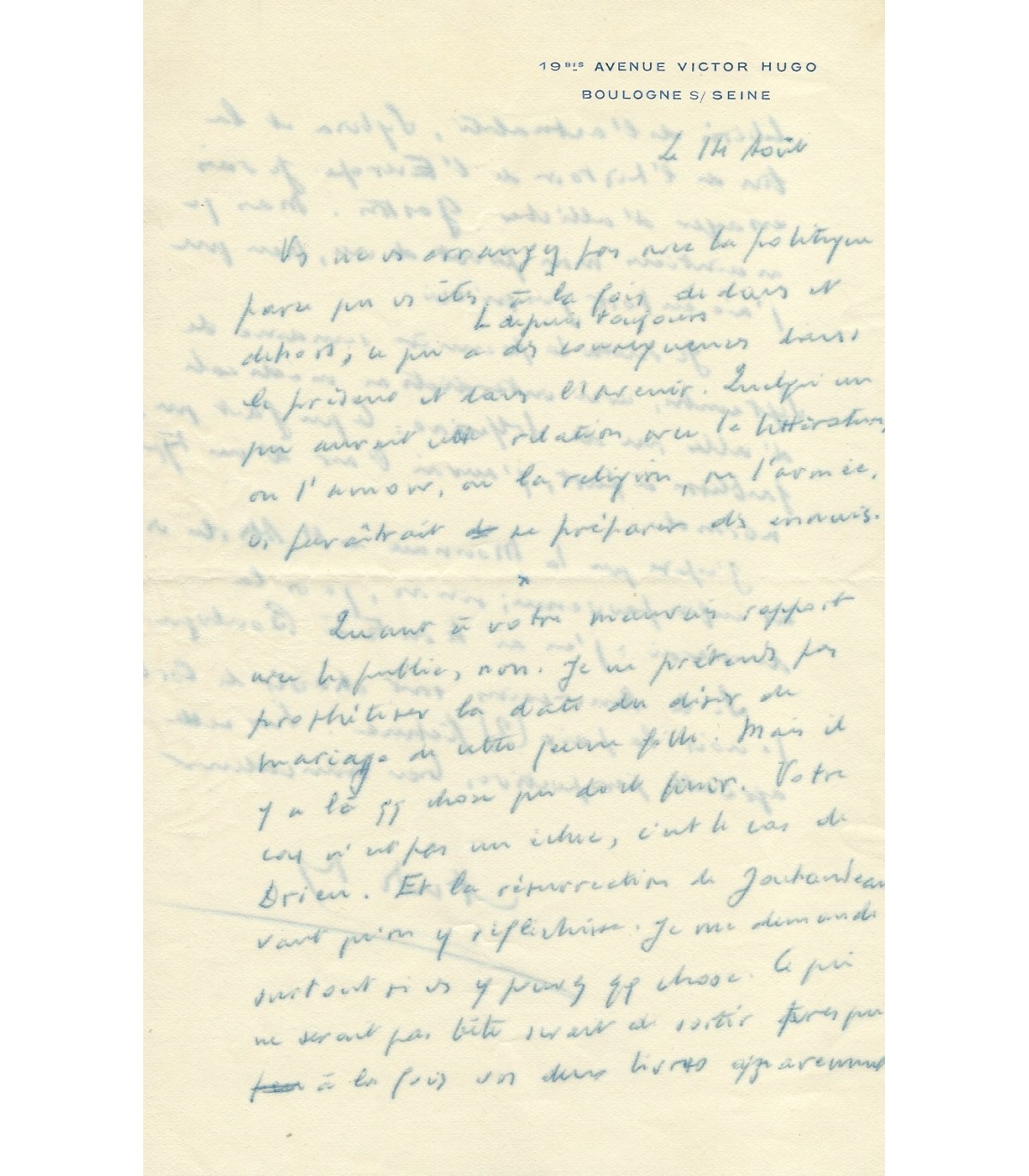 MALRAUX, très belle lettre à Emmanuel Berl, 14 août (sans date)