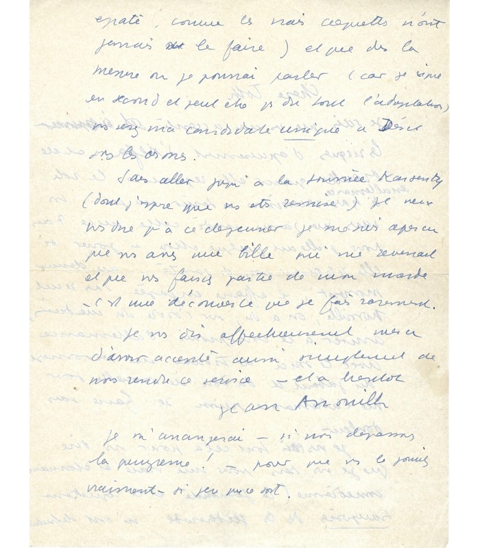 ANOUILH Jean, dramaturge. Lettre Autographe  (G 5285)