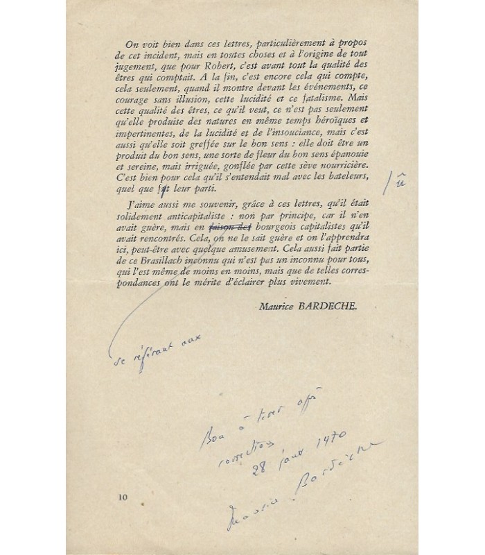 BARDÈCHE (Maurice). Introduction aux lettres de Brasilllach. Manuscrit autographe (joints épreuves imprimées) (Réf. E 10452)