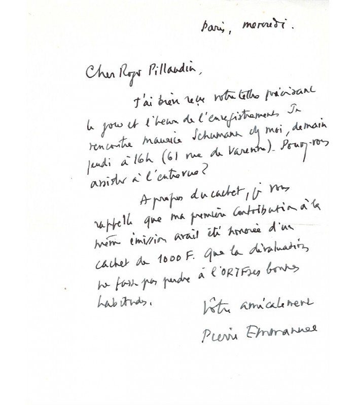 EMMANUEL Pierre. Poète, journaliste. Académicien. Lettre à Pillaudin (Réf. G 5114)