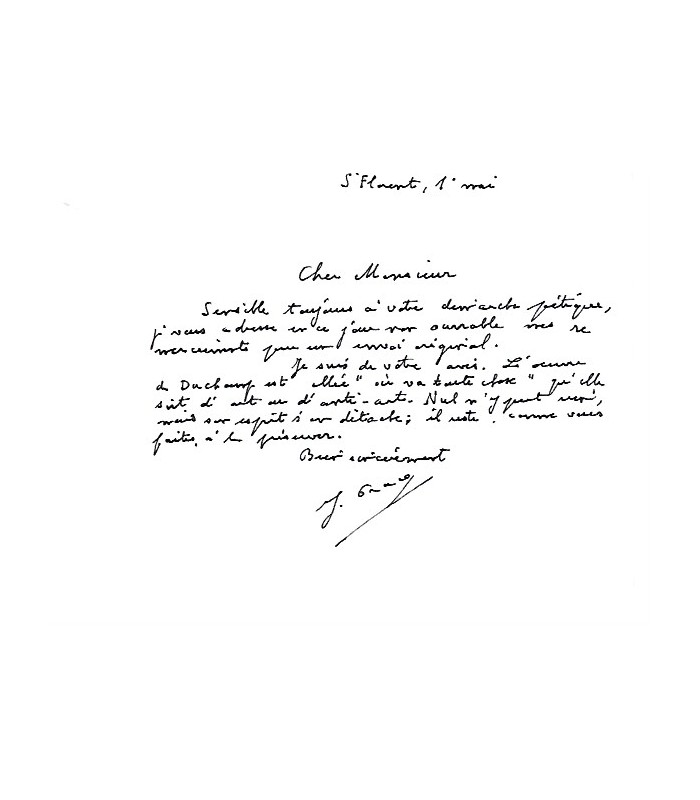 GRACQ Julien. Ecrivain. Lettre autographe au spécialiste de Duchamp, Jean Suquet (G 5378)