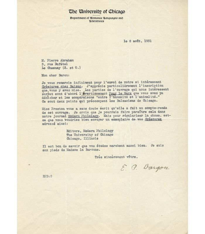 PRESTON DARGAN Edwin. Professeur américain spécialiste de Balzac  (Réf. G 1360)