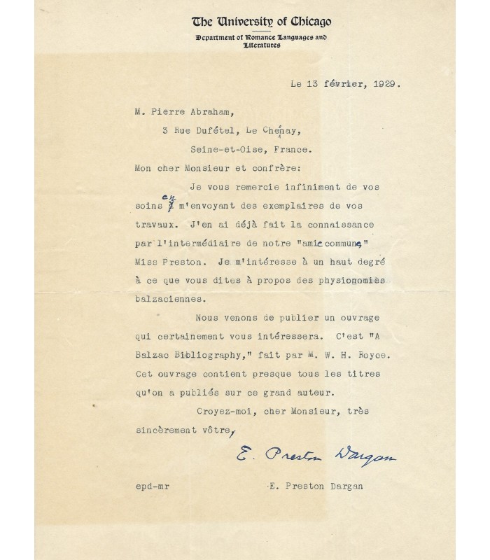 PRESTON DARGAN Edwin. Professeur américain spécialiste de Balzac  (Réf. G 1360)