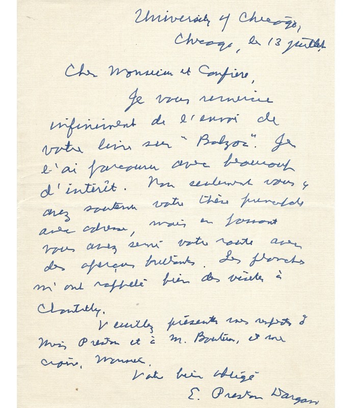 PRESTON DARGAN Edwin. Professeur américain spécialiste de Balzac  (Réf. G 1360)
