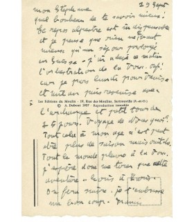 POULENC Francis. Compositeur. Carte-autographe à son ami et premier biographe, Stéphane AUDEL, 19 septembre 1958  (Réf. G 5367)