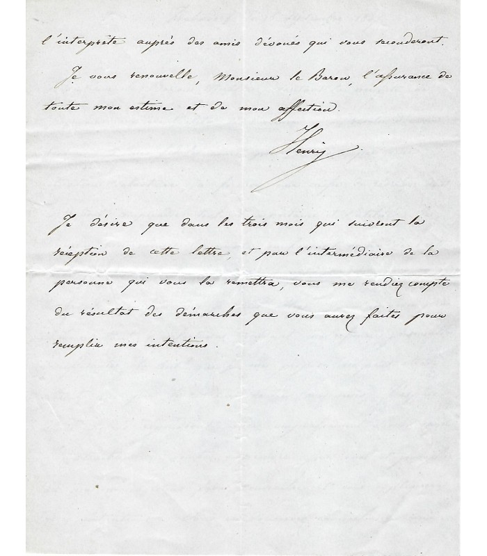 HENRI V, comte de Chambord. Dernier héritier des Bourbons. Lettre autographe (G 3750)