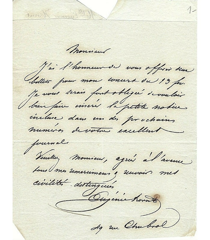 HORNT EUGÉNIE. MUSICIENNE. LETTRE AUTOGRAPHE (G 1692).