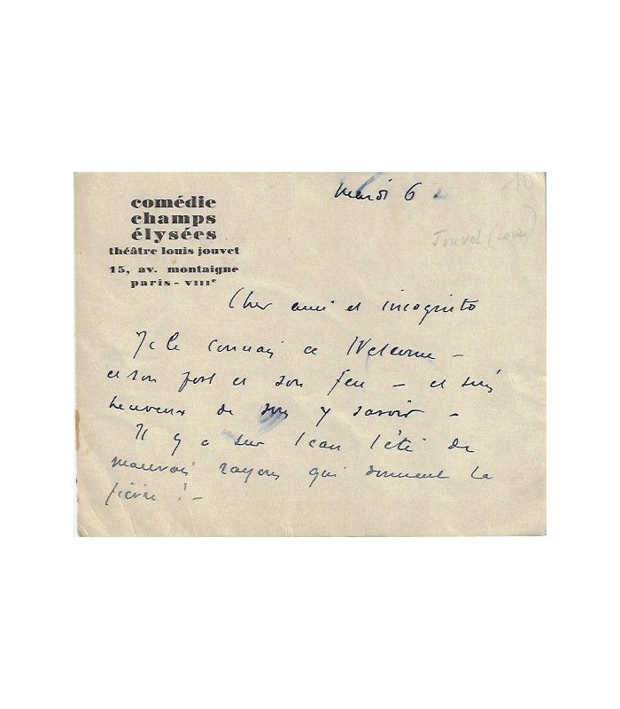 JOUVET Louis, comédien. Carte autographe (G 5310)