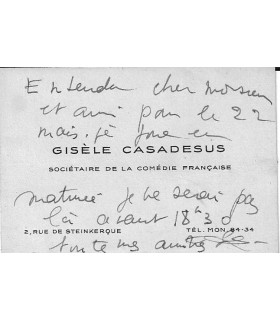 CASADESUS Gisèle. Actrice. Carte de visite autographe (Réf. G 2110)
