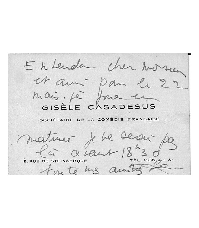CASADESUS Gisèle. Actrice. Carte de visite autographe (Réf. G 2110)