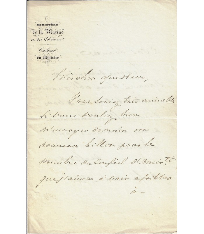 MACKAU (Ange René Armand de). Ministre. Amiral.  Lettre autographe (E 10364)