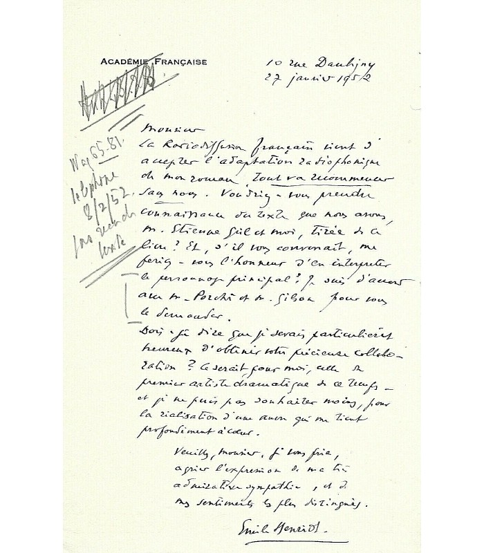 HENRIOT Emile. Lettre autographe. G 2311