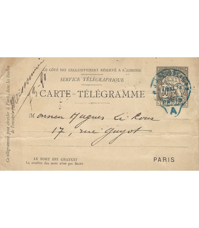 BARRES Maurice. Carte-télégramme. G 5555