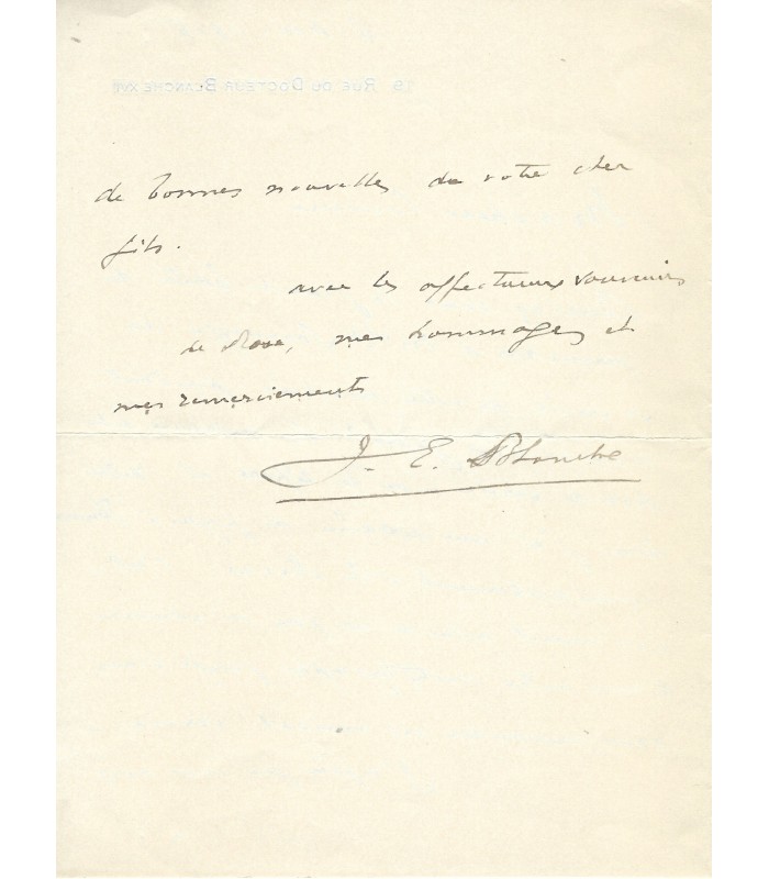 BLANCHE Jacque-Emile, portraitiste mondain. Lettre Autographe (G 5572)