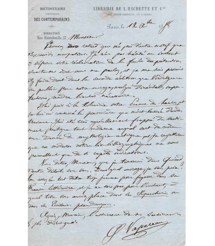 VAPEREAU Gustave, écrivain et encyclopédiste. Lettre autographe (E 10448)