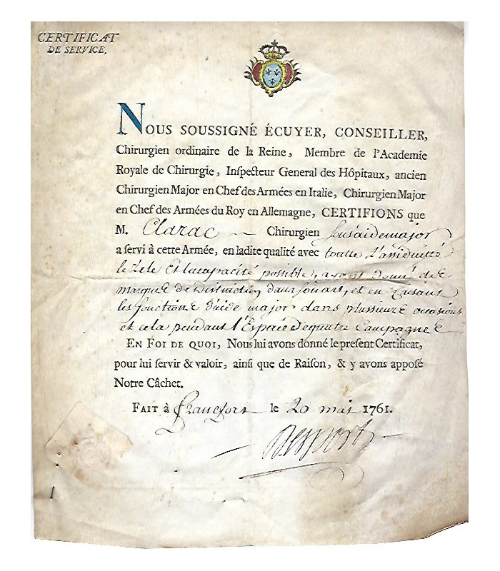 MEDECINE - CERTIFICAT DE SERVICE. Pièce en partie imprimée (E 10455)