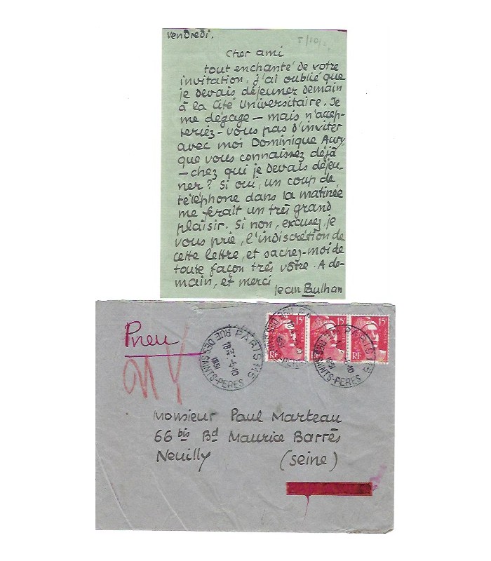 PAULHAN Jean, écrivain et critique littéraire. Lettre autographe (E 10149)