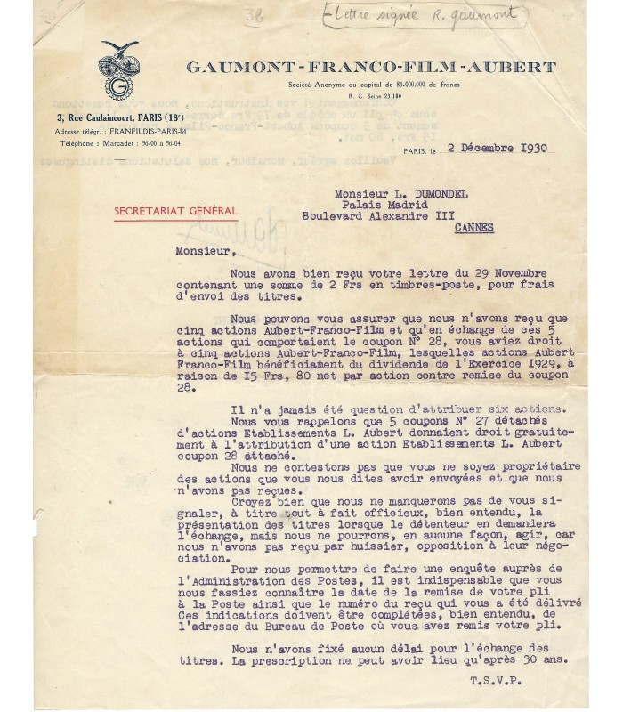 GAUMONT Raymond, industriel. Lettre dactylographiée (5560)
