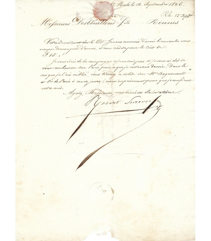 SURCOUF Robert, marin et corsaire. Lettre Signée (G 3837)