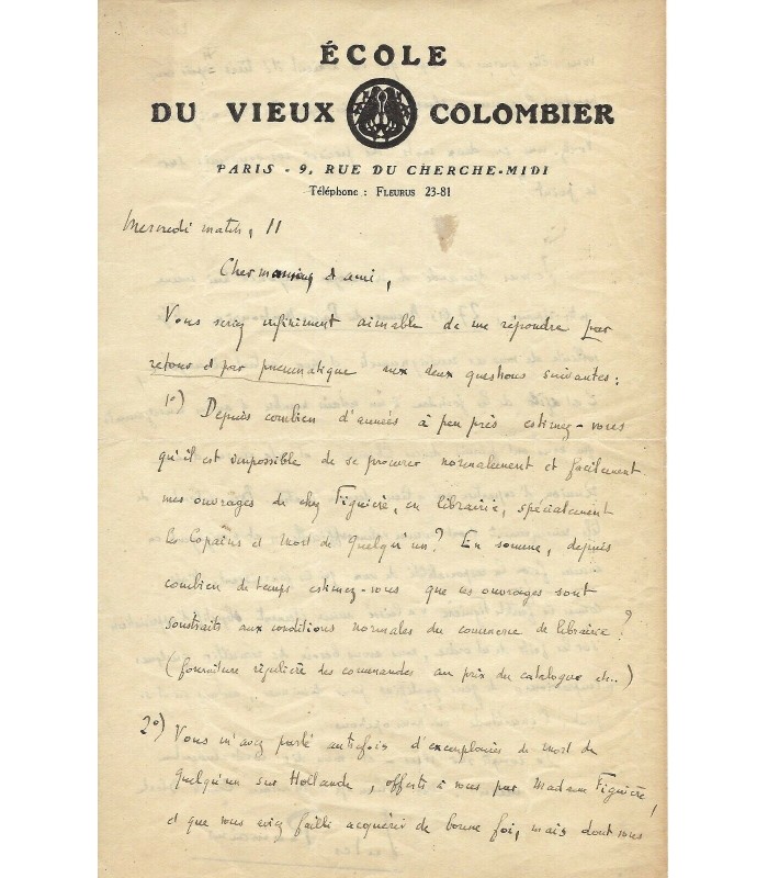 ROMAINS Jules, écrivain français. Lettre autographe (G 3410)
