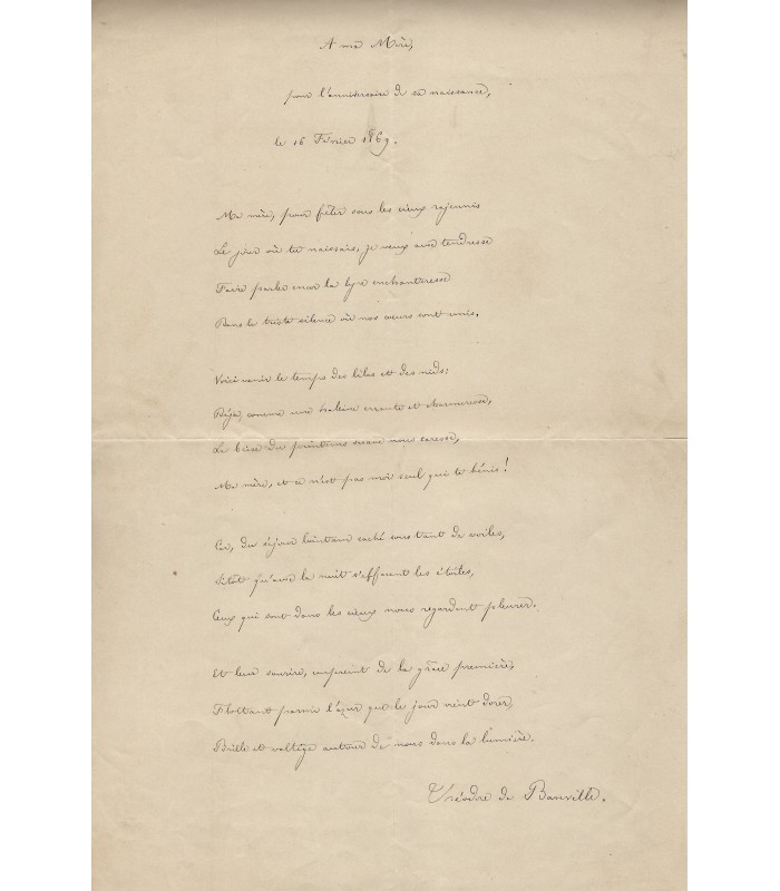 BANVILLE Théodore de, poète. Poème autographe en hommage à sa mère (G 3372)
