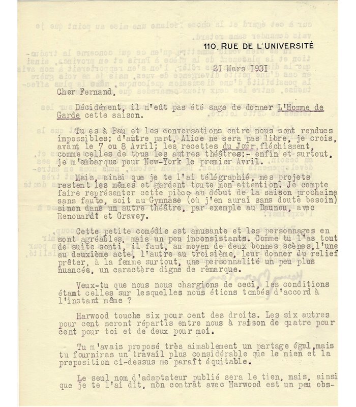 BERNSTEIN Henry, auteur dramatique. 21 mars 1931.