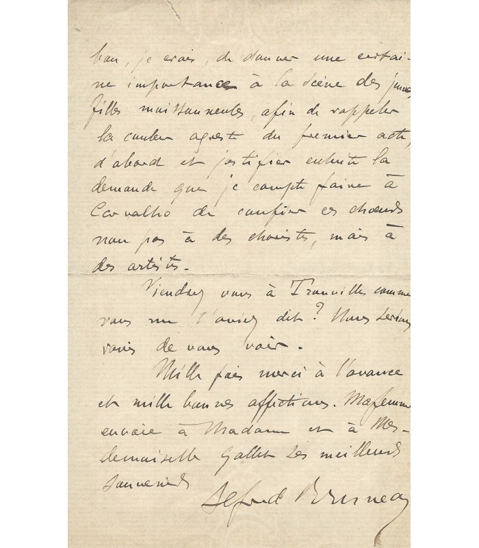 BRUNEAU Alfred, compositeur. Lettre autographe (G 3116)