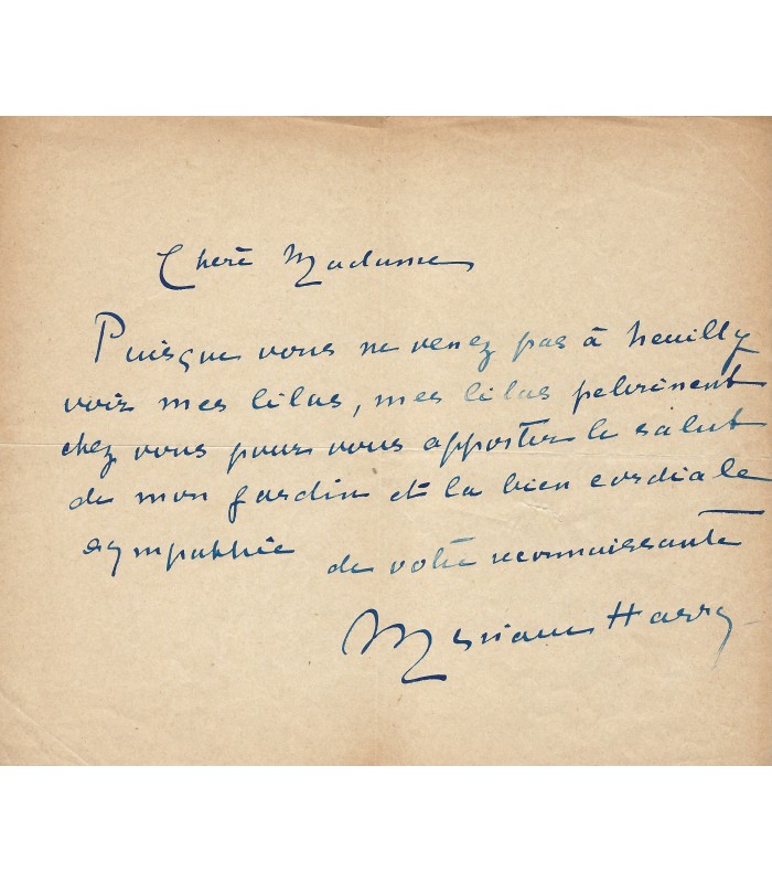 HARRY Myriam, écrivaine. Billet autographe (G 2368)