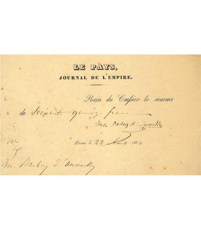 BARBEY D'AUREVILLY, reçu signé