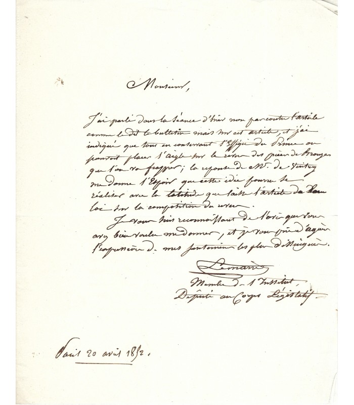LEMAIRE Henri, sculpteur.Lettre autographe (G 2841)