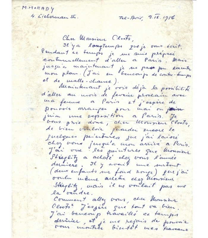 MOKADI Moshe, peintre. Lettre autographe (G 3091)
