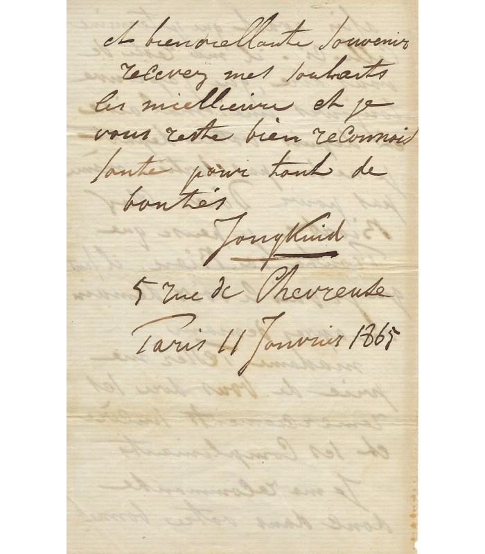 JONGKIND Johan-Barthold. Peintre hollandais, précurseur des Impressionnistes. Lettre autographe (Réf. G 4782)