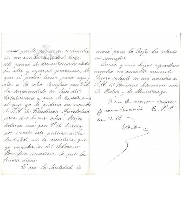 PAZ DE BORBON Y BORBON (Maria de la).  Infante d’Espagne et Princesse de Bavière. Lettre autographe (G 5582))