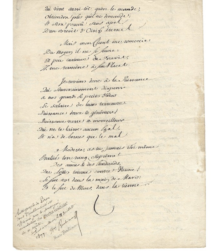 PIRON Alexis. 1689-1773. Poète et auteur dramatique. Manuscrit autographe (Réf. G 4513)