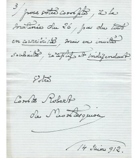 MONTESQUIOU Robert de, homme de lettres. Lettre autographe, 14 juin 1912 (Réf. G 4270)
