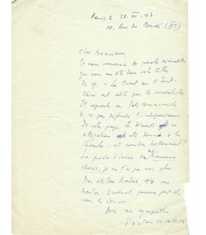 TZARA Tristan, écrivain, poète. Lettre autographe (G 4421)