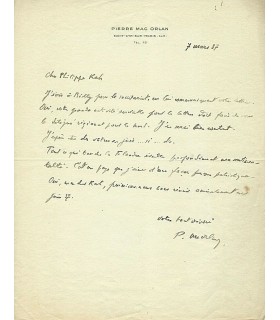MAC ORLAN Pierre, écrivain. Lettre autographe (G 4639)