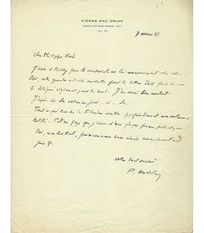 MAC ORLAN Pierre, écrivain. Lettre autographe (G 4639)