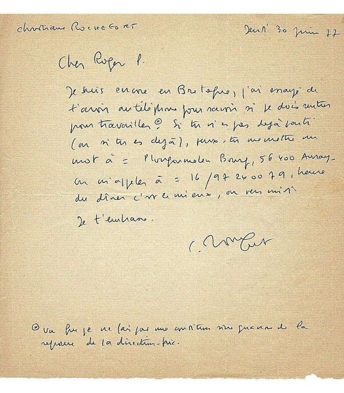 ROCHEFORT Christiane, écrivaine. Lettre autographe (G 4701)