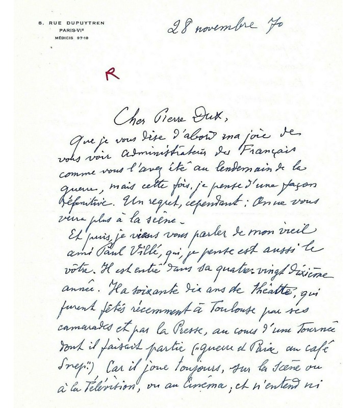 VILDRAC Charles, poète et dramaturge. Lettre autographe (G 4725)