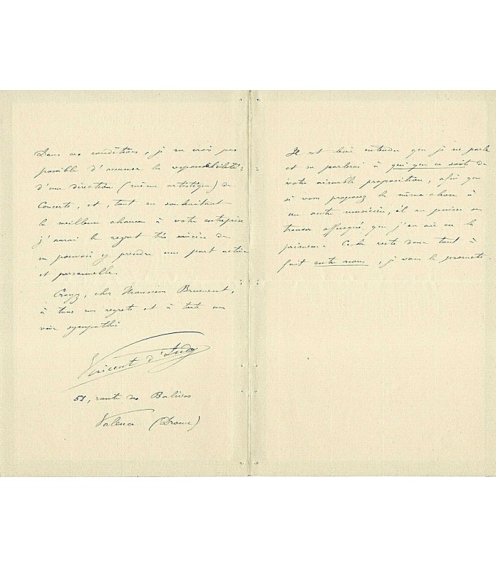 INDY Vincent d', compositeur. Lettre autographe (G 4898)